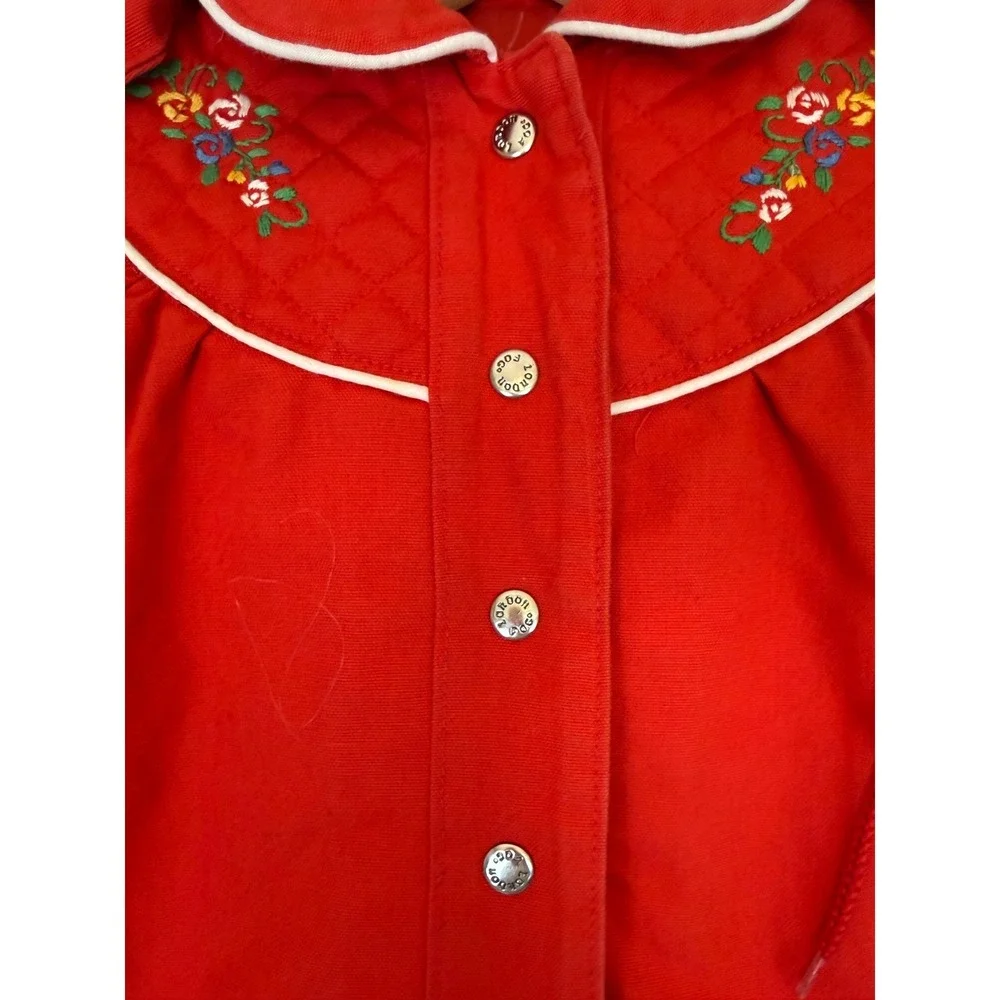 Vtg LONDON FOG Red Quilted Coat Jacket Floral Embroidery Detachable Hood Size 2‎